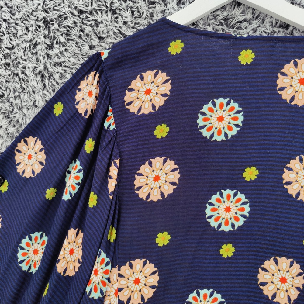 Orientique Womens Boho Floral Pintuck Peasant Blouse Large Navy Blue Wide Sleeve - Picture 15 of 16